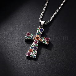 Alloy Rhinestone Enamel Floral Cross Pendant Necklaces for Women&nbsp;WGDC600-01