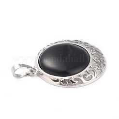 Natural Obsidian Pendants with Hollow Platinum Brass Findings&nbsp;G-P448-A12-P