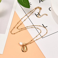 Cowrie Shell & Natural Pearl Pendant Necklace for Teen Girl Women&nbsp;NJEW-JN03717-02