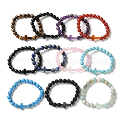 Natural & Synthetic Mixed Gemstone Cross & Round Beaded Stretch Bracelets&nbsp;BJEW-C119-01