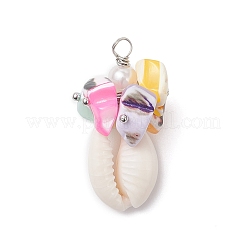 Natural Cowrie Shell & Dyed Natural Trochid Shell Nuggets Beaded Pendants&nbsp;PALLOY-JF04584-02