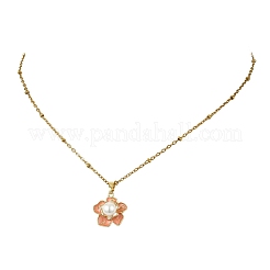 Brass Enamel & Shell Pearl Pink Flower Pendant Satellite Chain Necklaces for Women&nbsp;NJEW-JN06111