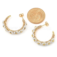 304 Stainless Steel & Bohemian Beaded C-Shaped with Flower Stud Earrings for Women&nbsp;EJEW-R001-03G-02
