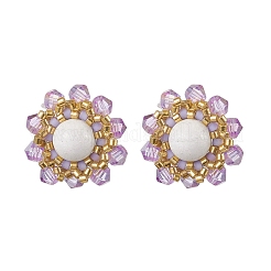 Flower Glass Seed Beaded with Natural Mashan Jade Stud Earrings for Women&nbsp;EJEW-MZ00208-03