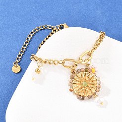 Flat Round & Flower 304 Stainless Steel & Enamel Charm Bracelets&nbsp;BJEW-P375-02G