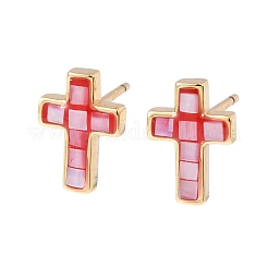 Brass Enamel Cross Stud Earrings&nbsp;EJEW-I322-03G