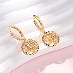 Tree Brass Micro Pave Clear Cubic Zirconia Hoop Earrings&nbsp;EJEW-F384-01G