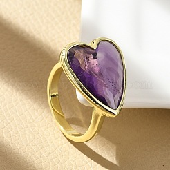 Heart Brass Natural Amethyst Finger Rings&nbsp;RJEW-D304-01G-A