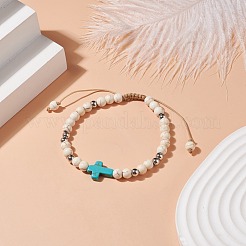 Synthetic Magnesite Braided Bead Bracelet with Synthetic Turquoise(Dyed) Cross&nbsp;BJEW-TA00146-01