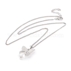 Butterfly Rack Plating Brass ABS Pearl Pendant Necklaces&nbsp;NJEW-S423-03P