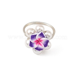 Silver Tone Copper Wire Wrapped Polymer Clay 3D Flower Plumeria & Shell Pearl Beaded Finger Rings&nbsp;RJEW-JR01098