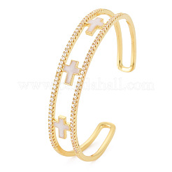 Clear Cubic Zirconia Cross Open Cuff Bangle with Enamel&nbsp;BJEW-S141-025