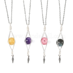 4Pcs 4 Colors Natural Labradorite & Yellow Hematoid Quartz & Amethyst & Dyed Green Jade Round with Cone Pendant 304 Stainless Steel Cable Chain Necklaces for Women&nbsp;NJEW-TA00261
