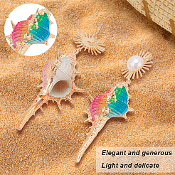 3 Pairs 3 Colors Golden Alloy Sun with Shell Shape Dangle Stud Earrings&nbsp;EJEW-AN0004-40