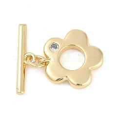 Brass Micro Pave Clear Cubic Zirconia Toggle Clasps, Cadmium Free & Nickel Free & Lead Free, Flower, Real 18K Gold Plated, Flower: 14.5x14x2.5mm, Hole: 1.2mm, Bar: 17x4.5x2mm, Hole: 1.4mm