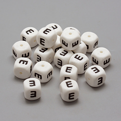 Food Grade Eco-Friendly Silicone Beads, Letter Style, Cube, White, 12x12x12mm, Hole: 2mm