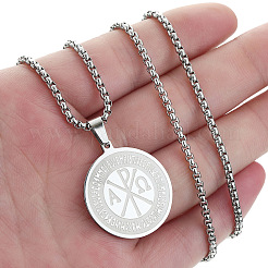 201 Stainless Steel Flat Round with Constantine Cross Pendant Necklaces&nbsp;FS-WG04E5D-02