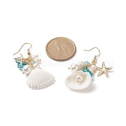 Shell Pearl & Glass & Starfish Cluster Dangle Earrings&nbsp;EJEW-TA00208
