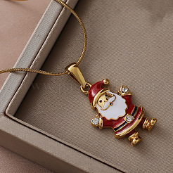 304 Stainless Steel Enamel Red Christmas Santa Claus Pendant Necklace for Women&nbsp;ZM1589