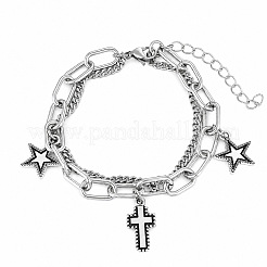 201 Stainless Steel Religion Cross and Star Charm 2-strand Bracelets for Men Women&nbsp;WGB8510-01