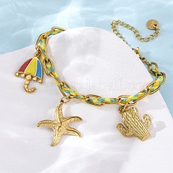 304 Stainless Steel Cable Chain Enamel Charm Bracelets&nbsp;BJEW-L708-07G