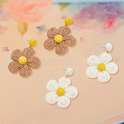 2 Pairs 2 Colors Raffia Grass Paper Flower Dangle Stud Earrings&nbsp;EJEW-AN0001-47