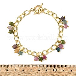 Natural Mixed Gemstone Faceted Cube Beads Tassel Brass Textured Cable Chain Bracelets for Women&nbsp;BJEW-JB14335