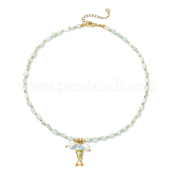 Brass Enamel Fish and Natural Pearl Rice Pendant Natural Glass Nuggets Beaded Necklaces for Women&nbsp;NJEW-JN06357-03