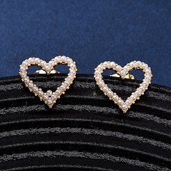 Brass ABS Imitation Pearl Heart Stud Earrings&nbsp;EJEW-K267-36G