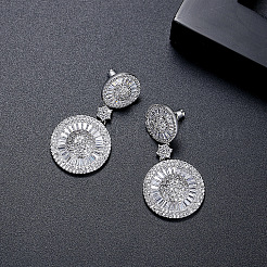 Flat Round Brass Micro Pave Clear Cubic Zirconia Dangle Stud Earrings&nbsp;FS-WG7979A-01