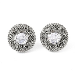 304 Stainless Steel Pave Cubic Zirconia Twisted Chain Disc Stud Earrings for Women&nbsp;EJEW-G390-06P-01