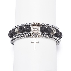 3Pcs 3 Style Natural Lava Rock & Synthetic Hematite Stretch Bracelets Set&nbsp;BJEW-JB08692