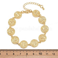 Flat Round with Saint Benedict Brass Link Chain for Women&nbsp;BJEW-K248-06A-G