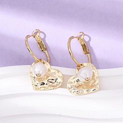 Heart Brass & Natural Pearl Hoop Earrings&nbsp;EJEW-Z159-03G
