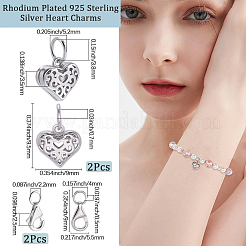 2Pcs Rhodium Plated Hollow Out 925 Sterling Silver Heart Charms&nbsp;STER-BBC0008-22