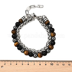 Natural Tiger Eye & Obsidian & Hematite Round Beads Multi-strand Bracelets&nbsp;BJEW-D330-02P-09