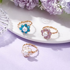 Flower Natural Apatite & Amethyst & Rainbow Moonstone & Shell Pearl Beads Finger Rings&nbsp;RJEW-JR00788