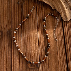 Adjustable Vintage Bohemian Men's Round Natural Tiger Eye and Column Wood Beaded Necklaces&nbsp;HA1225
