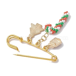 Candy Cane & Christmas Tree & Gift Glass Seed Beads & Alloy Enamel Pendant Kilt Pins&nbsp;JEWB-MZ00003