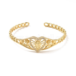 Rack Plating Brass Heart with Virgin Mary Open Cuff Bangle for Women&nbsp;BJEW-M227-02G