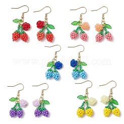 Flower with Cherry 304 Stainless Steel Glass Seed Beads Dangle Earrings&nbsp;EJEW-MZ00419