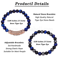 2Pcs 2 Style Dyed & Heated Natural Tiger Eye & Gemstone Stretch Bracelets Set&nbsp;BJEW-SW00090