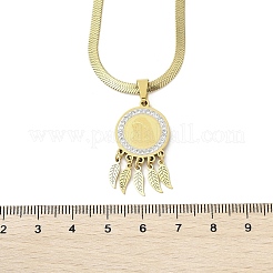 201 Stainless Steel Clear Cubic Zirconia Flat Round Virgin with Feather Pendant Necklaces&nbsp;NJEW-H055-02G