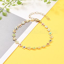Brass Enamel Flower Link Chain Anklets&nbsp;AJEW-AN00316