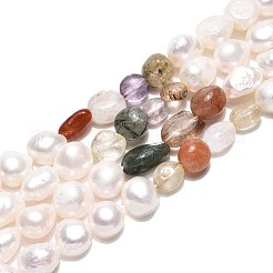 Natural Mixed Gemstone Nuggets & Natural Cultured Freshwater Pearl Beads Strands&nbsp;PEAR-N023-01A-12