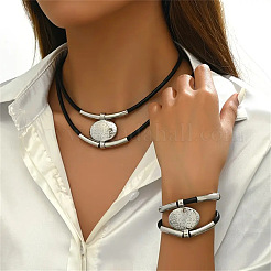 Bohemian Style Oval Alloy & Imitation Leather Wax Cord Double Layer Necklaces & Bracelets Sets for Women&nbsp;FS-WG56800-01