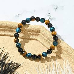 Dyed Natural Tiger Eye & Black Onyx Round Beaded Stretch Bracelets for Women&nbsp;BJEW-TA00438