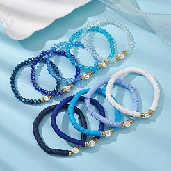 10Pcs Polymer Clay Disc & Glass & Brass Beaded Stretch Bracelets Set&nbsp;BJEW-JB09676-01