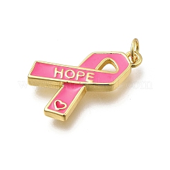 October Breast Cancer Pink Awareness Ribbon Brass Enamel Pendants&nbsp;KK-G525-10G-06