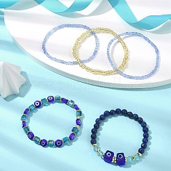 5Pcs 5 Style Natural Lapis Lazuli & Lampwork Evil Eye & Seed Beaded Stretch Bracelets Set&nbsp;BJEW-JB09616-01